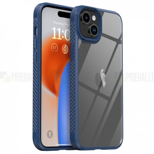 Apple iPhone 15 elegants „IPAKY“ Fiber dzidrs (caurspīdīgs) silikona apvalks (apmales tumši zilā krāsā)