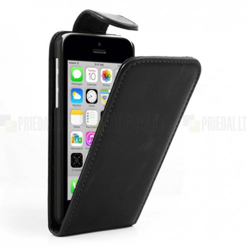 Apple iPhone 5C klasisks ādas vertikāli atvēramais melns futrālis