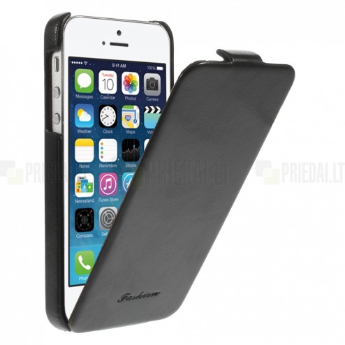 Apple iPhone 5s vertikāli atvērams ādas melns klasisks maciņš