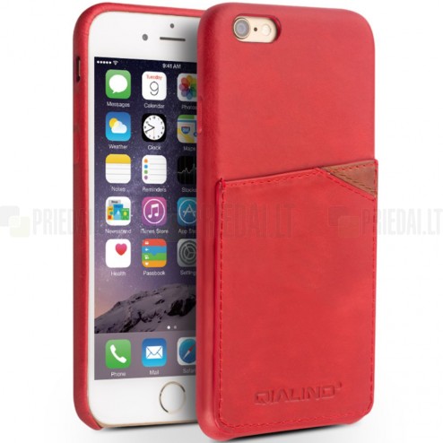 Apple iPhone 6s „QIALINO“ Genuine Leather sarkans ādas apvalks ar iebūvētu karšu turētāju