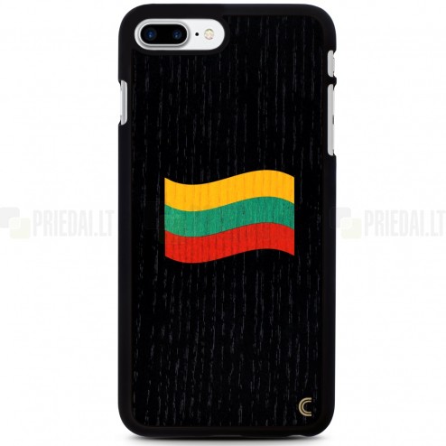 Apple iPhone 7 Plus (iPhone 8 Plus) „Crafted Cover“  melns Lietuvas karogs dabīga koka telefona apvalks