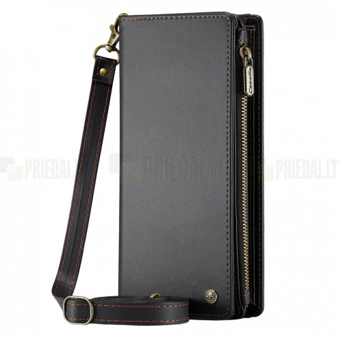 „CaseMe“ Crossbody universāls atvēramais melns ādas maciņš (XXL izmērs)