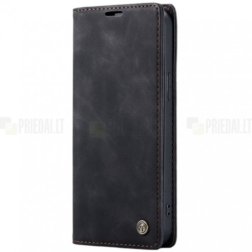 Samsung Galaxy S23 FE (Fan Edition) CaseMe Retro solīds atvēramais ādas melns maciņš - maks