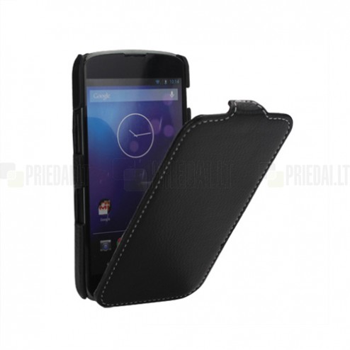 „Lychee“ Nexus 4 E960 ādas vertikāli atvēramais melns maciņš