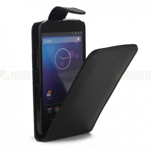 Nexus 4 E960 klasisks ādas vertikāli atvēramais melns futrālis