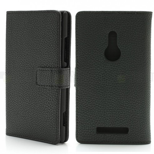 Nokia Lumia 925 atvēramais melns ādas Lychee futrālis - maciņš