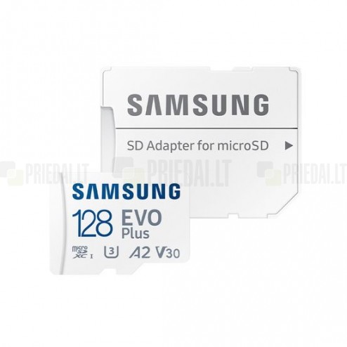 „Samsung“ Evo Plus MicroSD atmiņas karte 128 Gb, 10 klase, U3, 4K Ultra HD ar SD adapteri 