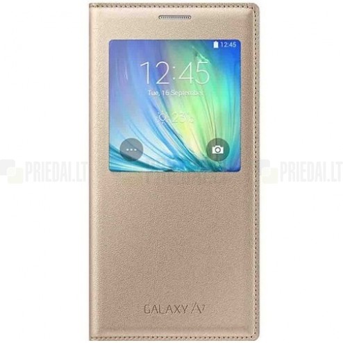 Samsung Galaxy A7 (A700) ādas atvēramais zelta maciņš ar lodziņu