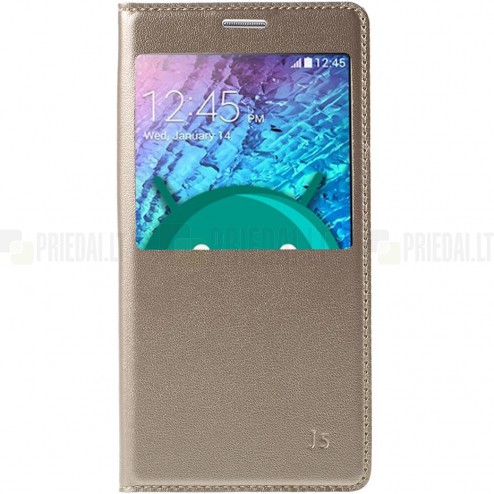 Samsung Galaxy J5 Atvēramais maciņš ar lodziņu - zelta