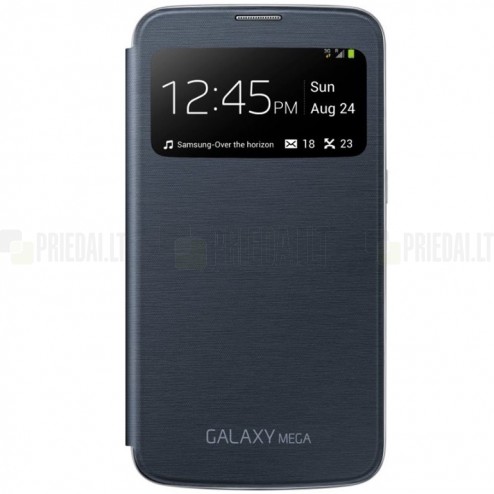 Samsung Galaxy Mega 6.3 (GT-I9200, GT-I9205) oficiāls S View Cover atvērams melns ādas maciņš