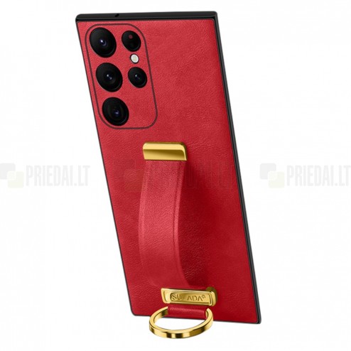 „Sulada“ Leather Kickstand Samsung Galaxy S23 Ultra (SM-S918) sarkans ādas apvalks