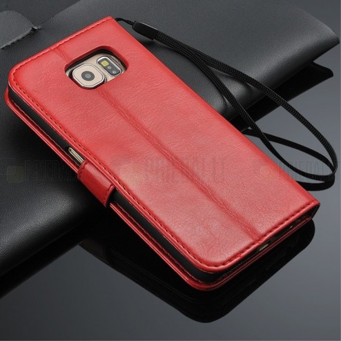 Samsung Galaxy S6 (G920) atvēramais ādas sarkans maciņš (maks)