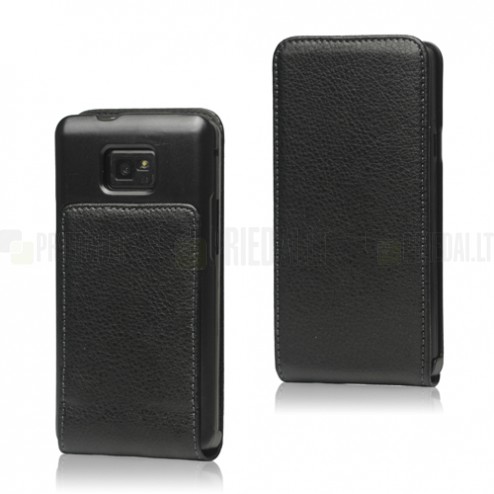 Samsung Galaxy S2 i9100 ādas vertikāli atvēramais melns futrālis