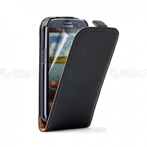 Samsung Galaxy S3 i9300 klasisks ādas vertikāli atvēramais melns futrālis