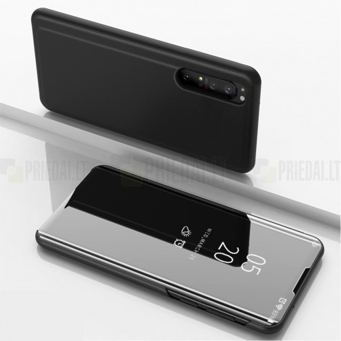 Sony Xperia 1 II plastmasas atvērams melns ādas maciņš