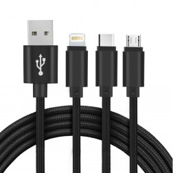 „Setty“ 3-in-1 micro USB + Type-C + Lightning vads - melns (1.2 m. / 2A)